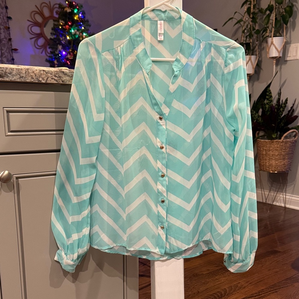 Xhilaration Aqua and White Chevron Semi Sheer Blouse